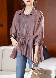 French Pink Peter Pan Collar Patchwork Drawstring Button Silk Shirts Long Sleeve