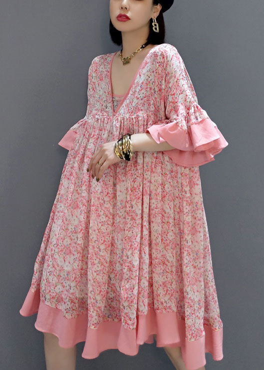 French Pink Print Exra Large Hem Chiffon Mid Dress Summer