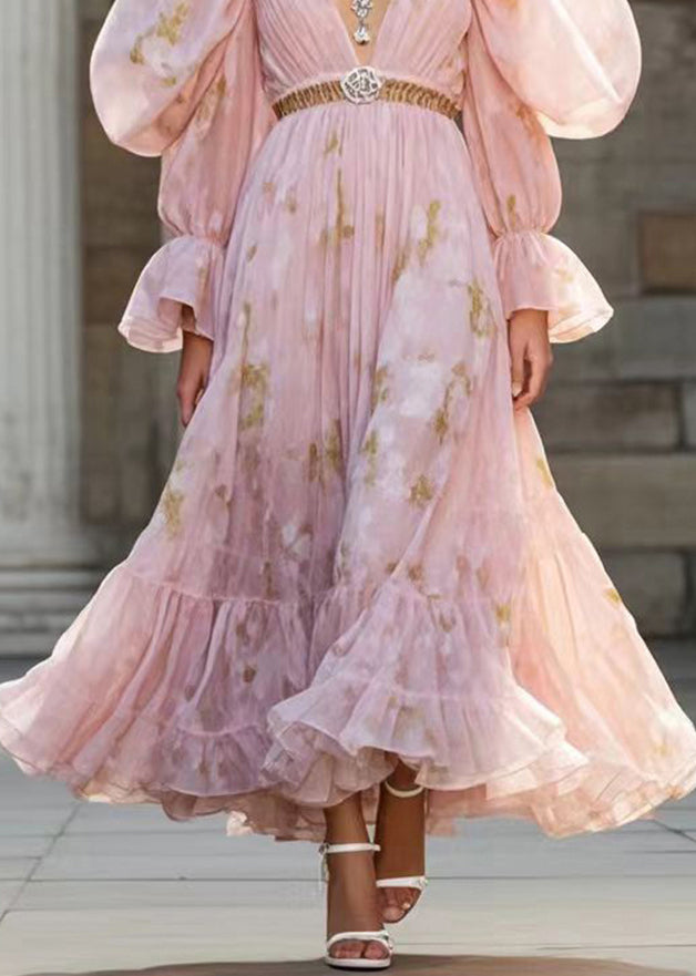 French Pink Puff Sleeve Print Chiffon Full Dress Fall