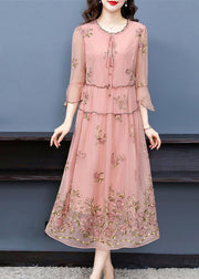 French Pink Ruffled Collar Embroideried Silk Maxi Dresses Flare Sleeve