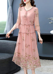 French Pink Ruffled Collar Embroideried Silk Maxi Dresses Flare Sleeve