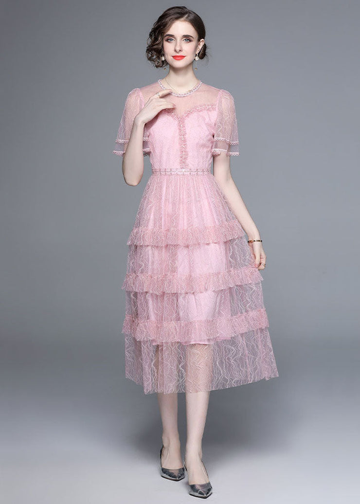 French Pink Ruffled Nail Bead Patchwork Tulle Long Dresses Summer