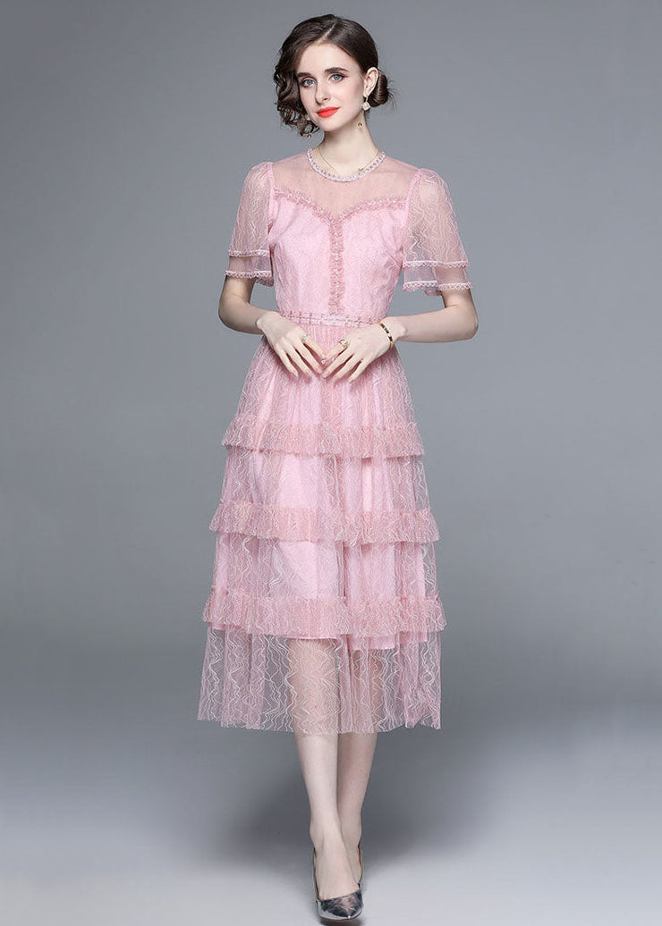 French Pink Ruffled Nail Bead Patchwork Tulle Long Dresses Summer