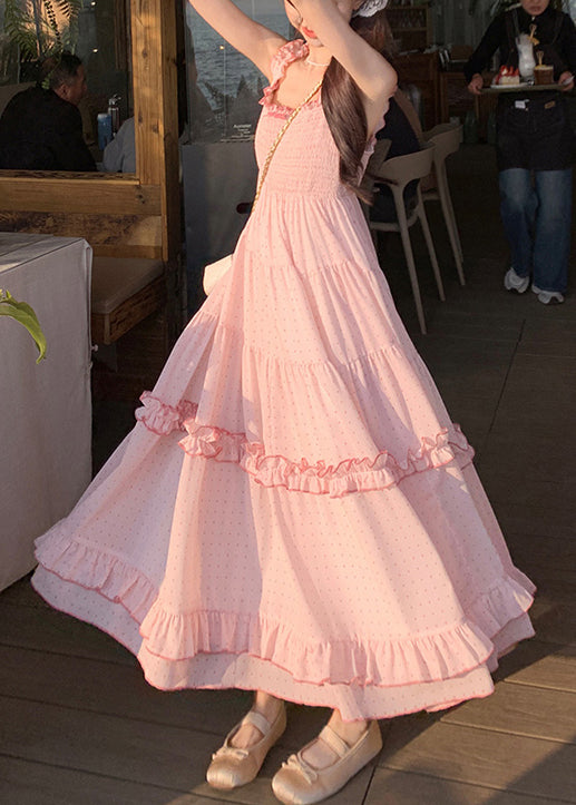 French Pink Ruffled Patchwork Cotton Holiday Dress Sleeveless