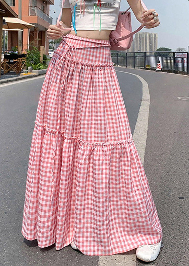 French Pink Ruffled Plaid Patchwork Cotton Skirts Summer