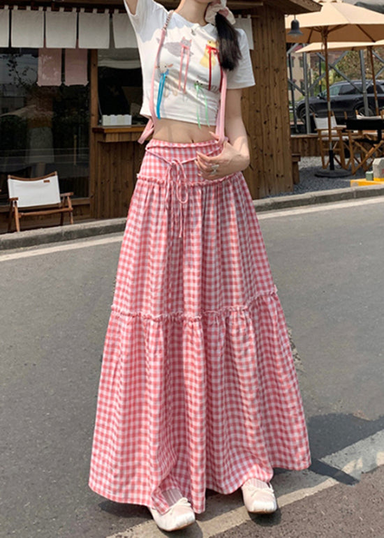 French Pink Ruffled Plaid Patchwork Cotton Skirts Summer