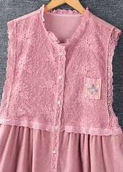 French Pink Ruffled Pockets Lace Patchwork Corduroy Dress Sleeveless