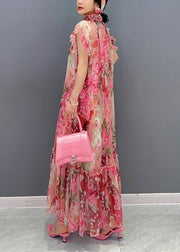 French Pink Ruffled Print Chiffon Dress Two Pieces Set Summer