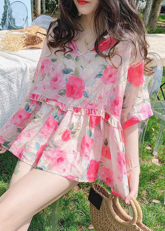 French Pink Ruffled Print Patchwork Cotton Blouses Summer