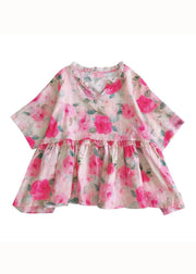 French Pink Ruffled Print Patchwork Cotton Blouses Summer