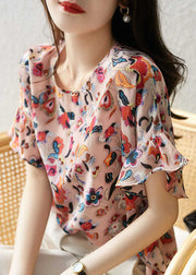 French Pink Ruffled Print Patchwork Silk Top Summer