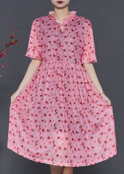 French Pink Ruffled Print Tasseled Chiffon Dress Summer