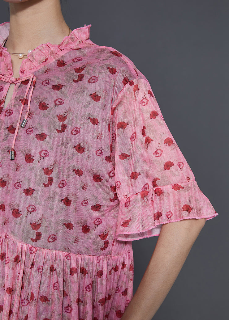 French Pink Ruffled Print Tasseled Chiffon Dress Summer