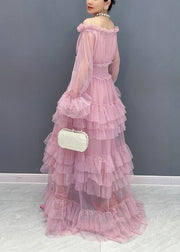 French Pink Slash Neck Ruffled Patchwork Tulle Dresses Long Sleeve