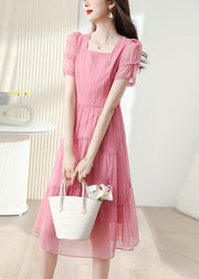 French Pink Square Collar Tie Waist Cotton Dress Short Sleeve