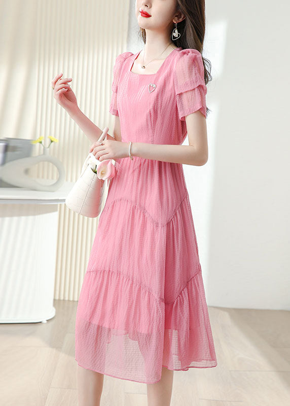 French Pink Square Collar Tie Waist Cotton Dress Short Sleeve