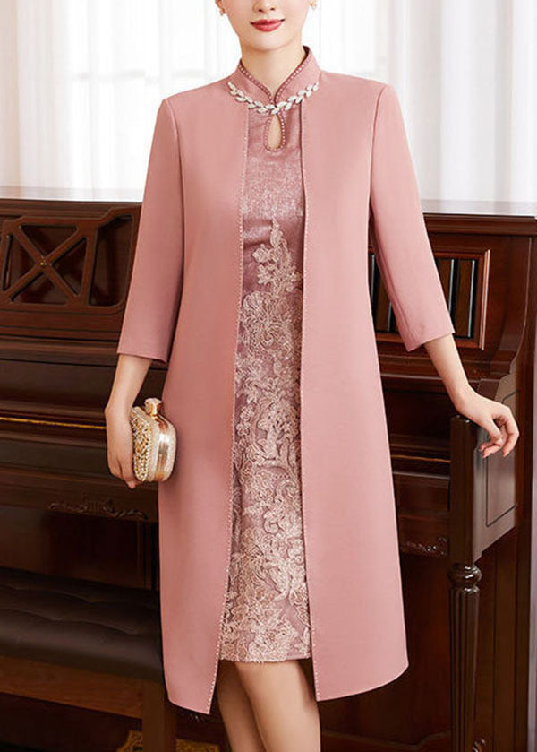 French Pink Stand Collar Embroideried Patchwork Zircon Silk Cheongsam Dresses Long Sleeve