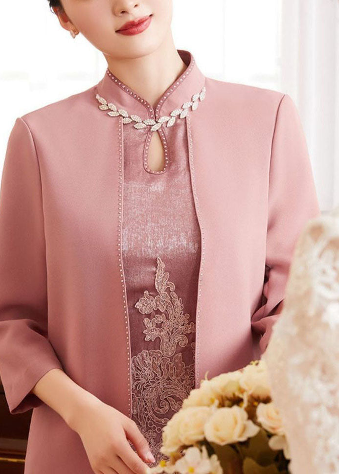 French Pink Stand Collar Embroideried Patchwork Zircon Silk Cheongsam Dresses Long Sleeve