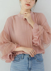 French Pink Stand Collar Patchwork Ruffles Cotton Shirts Puff Sleeve