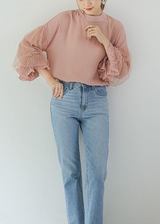 French Pink Stand Collar Patchwork Ruffles Cotton Shirts Puff Sleeve