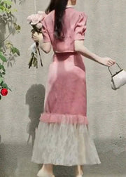 French Pink Tulle Patchwork Tops And Skirts Two Pieces Summer