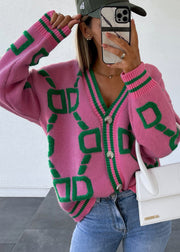 French Pink V Neck Graphic Embroidered Knit Cardigan Fall