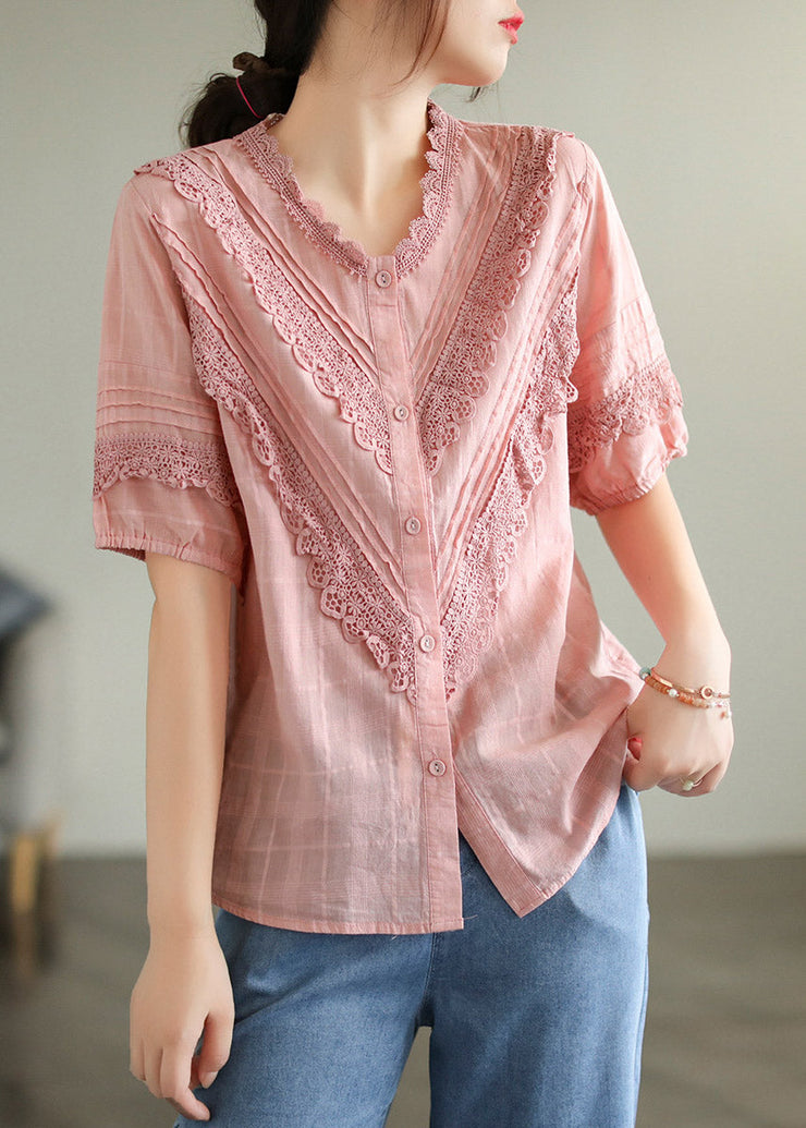 French Pink V Neck Lace Patchwork Button Cotton Shirt Short Sleeve