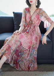 French Pink V Neck Print Chiffon Beach Dress Flare Sleeve