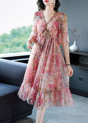 French Pink V Neck Print Chiffon Beach Dress Flare Sleeve