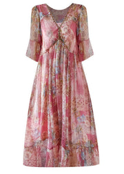 French Pink V Neck Print Chiffon Beach Dress Flare Sleeve