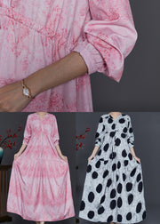 French Pink V Neck Print Chiffon Dresses Fall