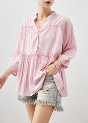 French Pink V Neck Ruffled Cotton Tops Bracelet Sleeve