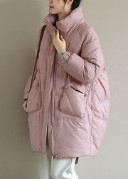 French Pink Zippered Oriental Button Duck Down Puffer Coat Winter