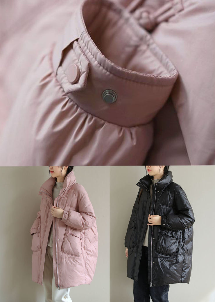 French Pink Zippered Oriental Button Duck Down Puffer Coat Winter