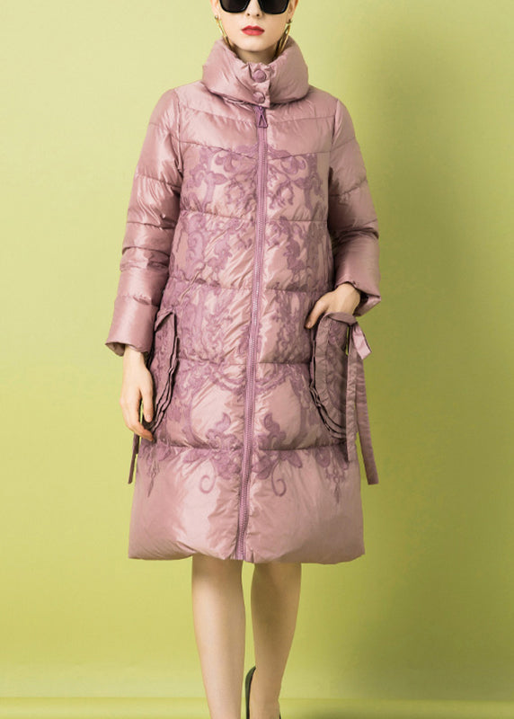 French Pink Zippered Print Pockets Duck Down Coat Winter