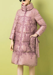 French Pink Zippered Print Pockets Duck Down Coat Winter