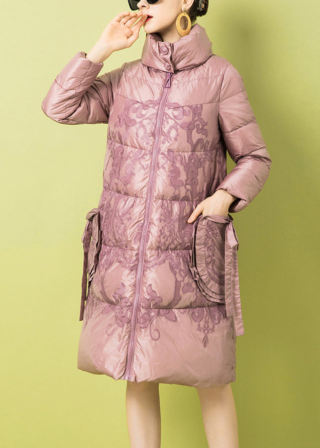 French Pink Zippered Print Pockets Duck Down Coat Winter