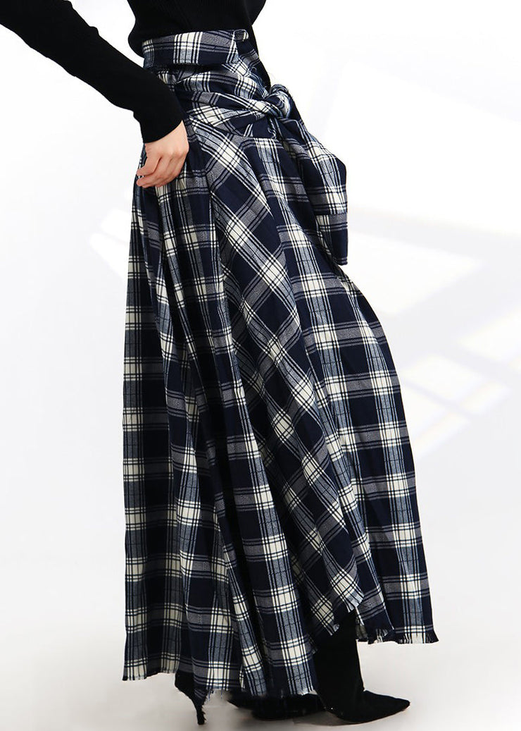 French Plaid Lace Up Button Elastic Waist Cotton Skirt Spring