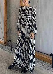 French Plaid O-Neck High Waist Chiffon Maxi Dresses Fall