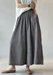 French Plaid Pockets Elastic Waist Cotton Crop Pants Summer