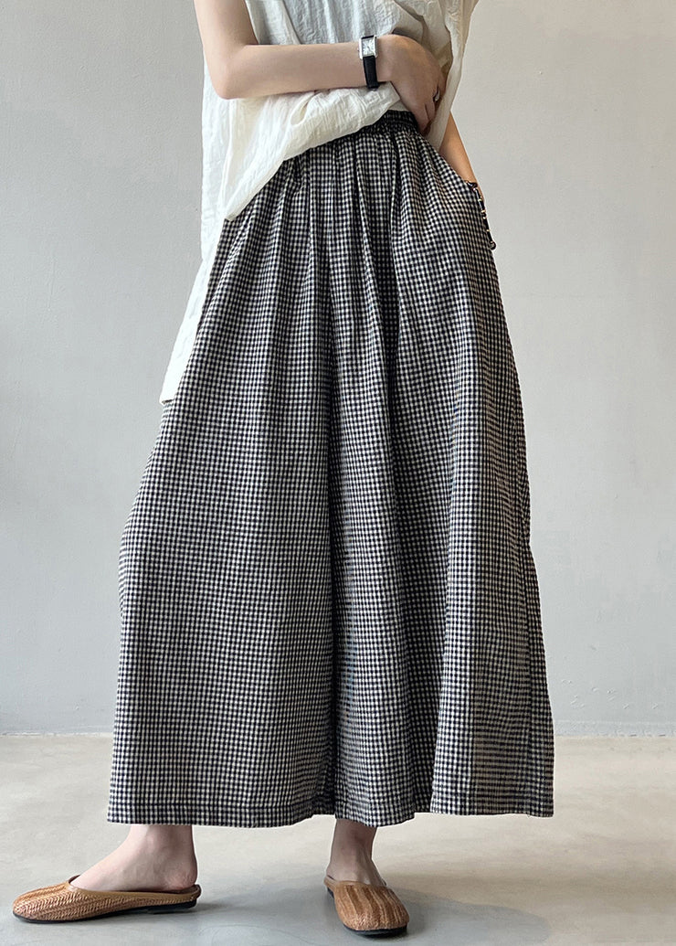 French Plaid Pockets Elastic Waist Cotton Crop Pants Summer