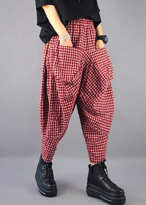 French Plaid Pockets High Waist Cotton Harem Pants Spring