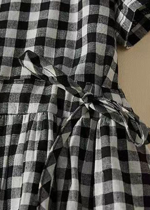 French Plaid Ruffled Lace Up Cotton Shirts Dresses Summer