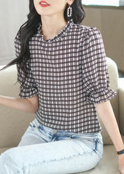 French Plaid Ruffled Patchwork Chiffon Shirt Tops Summer