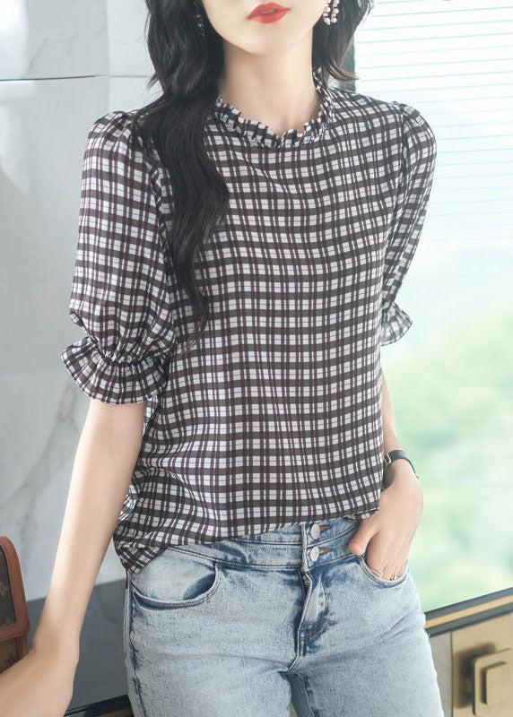 French Plaid Ruffled Patchwork Chiffon Shirt Tops Summer