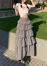 French Plaid Ruffled Patchwork High Waist Cotton Skirts Summer