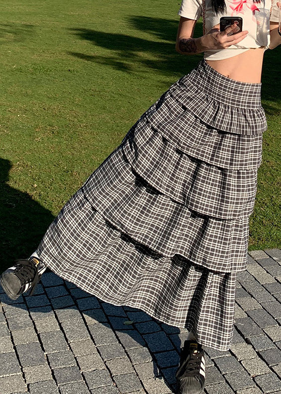 French Plaid Ruffled Patchwork High Waist Cotton Skirts Summer