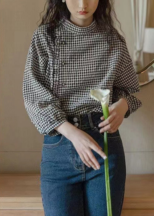 French Plaid Stand Collar Ruffled Cotton Shirt Long Sleeve