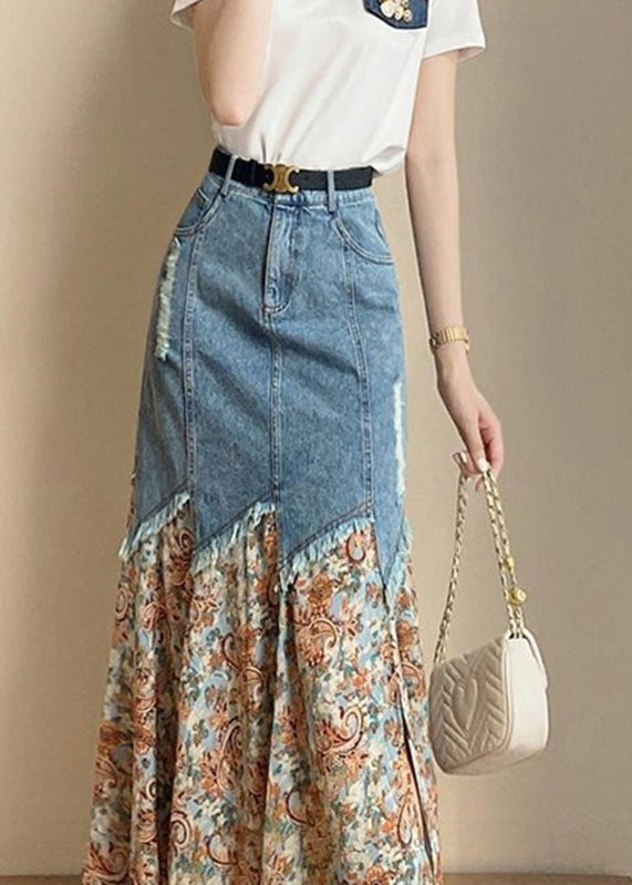 French Print Patchwork Button Denim Maxi Skirts Summer