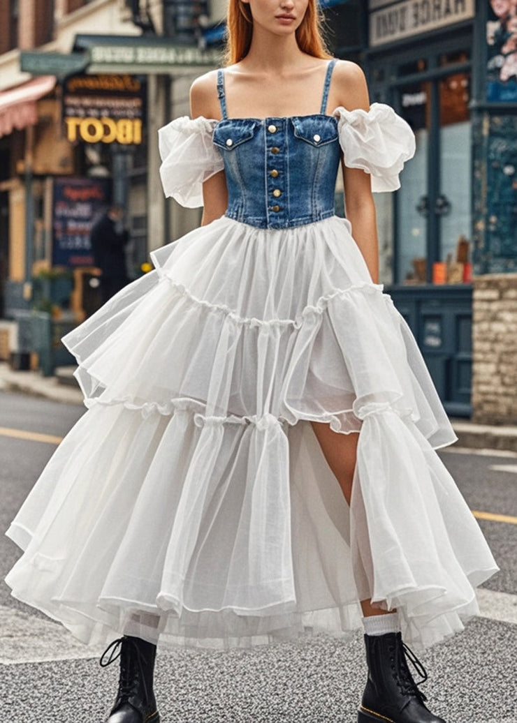 French Puff Sleeve Patchwork Denim Tulle Spaghetti Strap Dress Summer